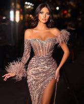 New Arrival Dusty Pink Mermaid Evening Dress Slit Long With Sequins Feather